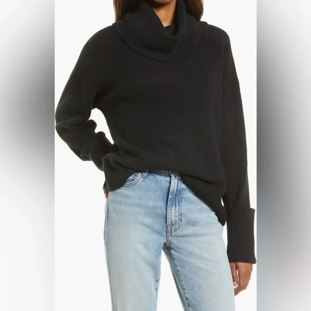 Treasure & Bond Black Turtleneck Sweater Cotton Blend Size Large Cuffed Sleeve